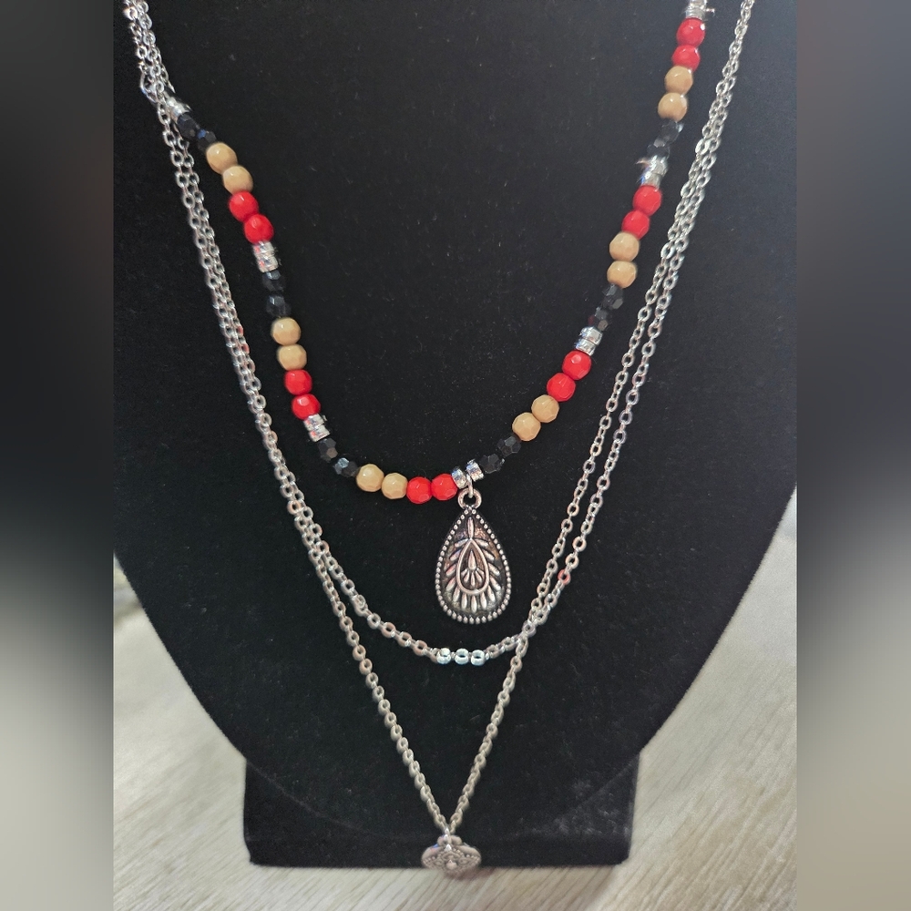 205# Paparazzi Red and Black Beaded Necklace with Silver Chains